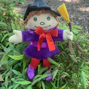 Halloween Good Witch Plush Toy Purple Dress Red Bow Broom Hat Funhouse 11”